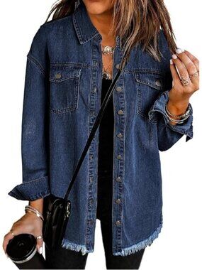 〽️Women Dark Blue Drop Shoulder Button Up Oversized Frayed Hem Denim Jean Jacket